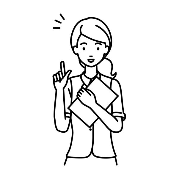 a woman in clerical uniform getting ideas standing with document pointing hand gesture